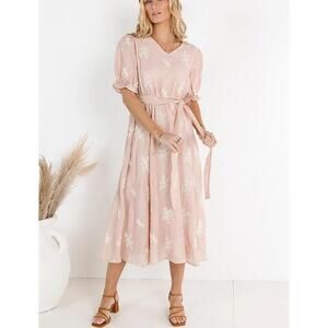 ORANGE CREEK Women's Embroidered Midi Dress Size L In Blush